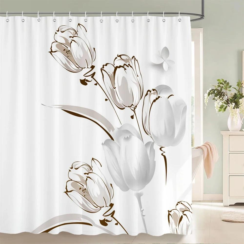 Flower Shower Curtain Bathroom Waterproof Polyester Shower Curtain Floral Printing Curtains for Bathroom Shower with Hooks