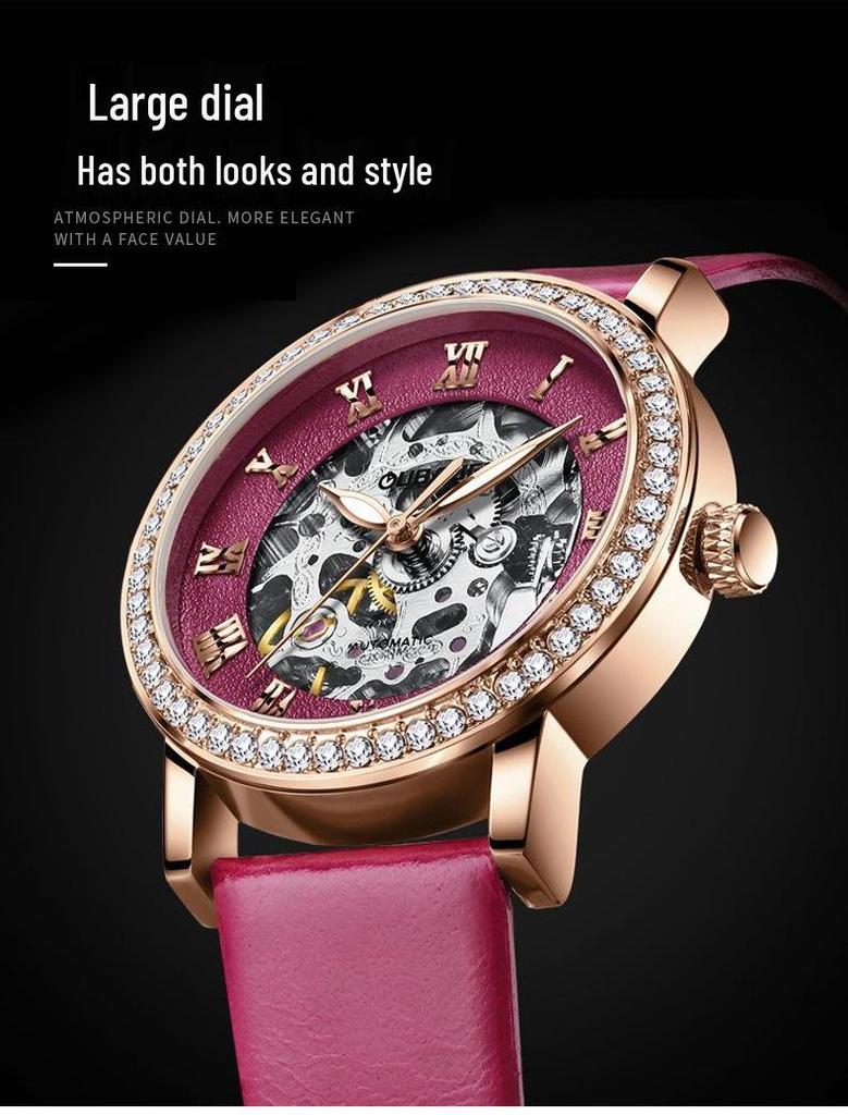 OUBAOER Women's Casual Mechanical Watch with Roman Numeral Dial, Waterproof Design