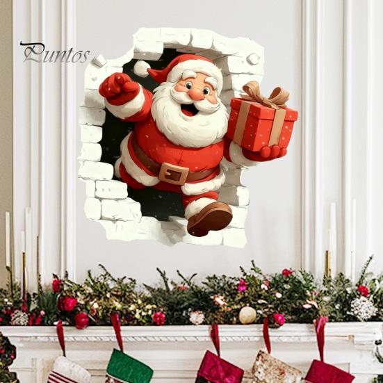 Santa Claus Window Clings Christmas Wall Stickers, 3D Reindeer Break-Through Self-Adhesive Winter Party Supplies Decal, Removable Stickers for Living