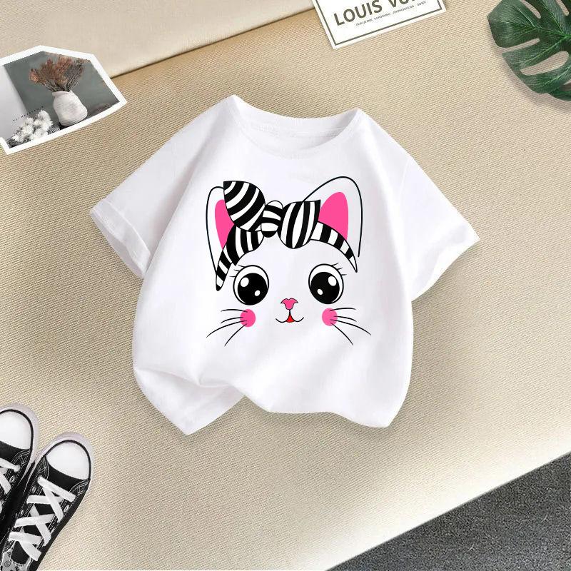 Jungen T-Shirt 2-13J Kinder Niedliches Katze Bedrucktes T-Shirt Mädchen T-Shirt Kinder 100% Baumwolle Kleidung T-Shirt Oberteile Tee