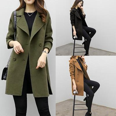 Women's Long-length Autumn Coat, Double-breasted, Long Sleeves, Solid Color