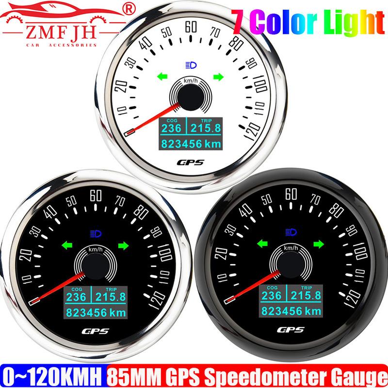 ZMFJH 7 Color LED 85MM GPS Speedometer Gauge with Antenna Auto 0-120KMH SpeedMeter High Beam Turn Light COG TRIP ODO Odometer