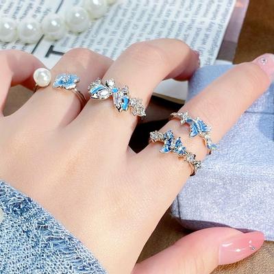 Blue Enamel Oil Drop Inlaid Zircon Butterfly Flower Series Open Ring Girlfriend Pair Ring Niche High-End Ring