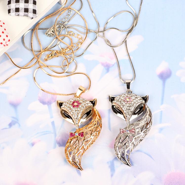 Fox Sweater Chain Long Necklace: Korean Style, Simple Hollow Design with Diamond Inlays - Women's Fashion Accessory.