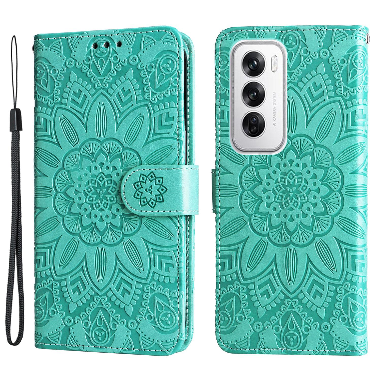 

For Oppo Reno12 5G (Global) Case PU Leather Sunflower Phone Cover with Strap Green