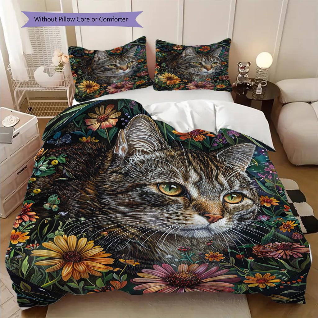 Tabby Cat Pattern Bedding Quilt Set Quilt Cover Pillowcase Home Decoration Birthday Gift (1 * duvet cover + 2 * pillowcase, without core)