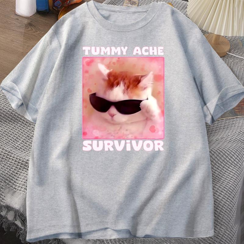 Tummy Ache Survivor Funny Cat Meme Tshirt Unisex Women Silly Stupid Cat Tee Shirt Unisexs Short Sleeve T Shirts Cotton Oversized Top
