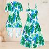 Women Plus Size Two Piece Set Tropical Leaf Printed Short Sleeve Cardigan Strappy V Neck Flared Dress