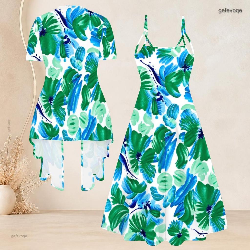 Women Plus Size Two Piece Set Tropical Leaf Printed Short Sleeve Cardigan Strappy V Neck Flared Dress