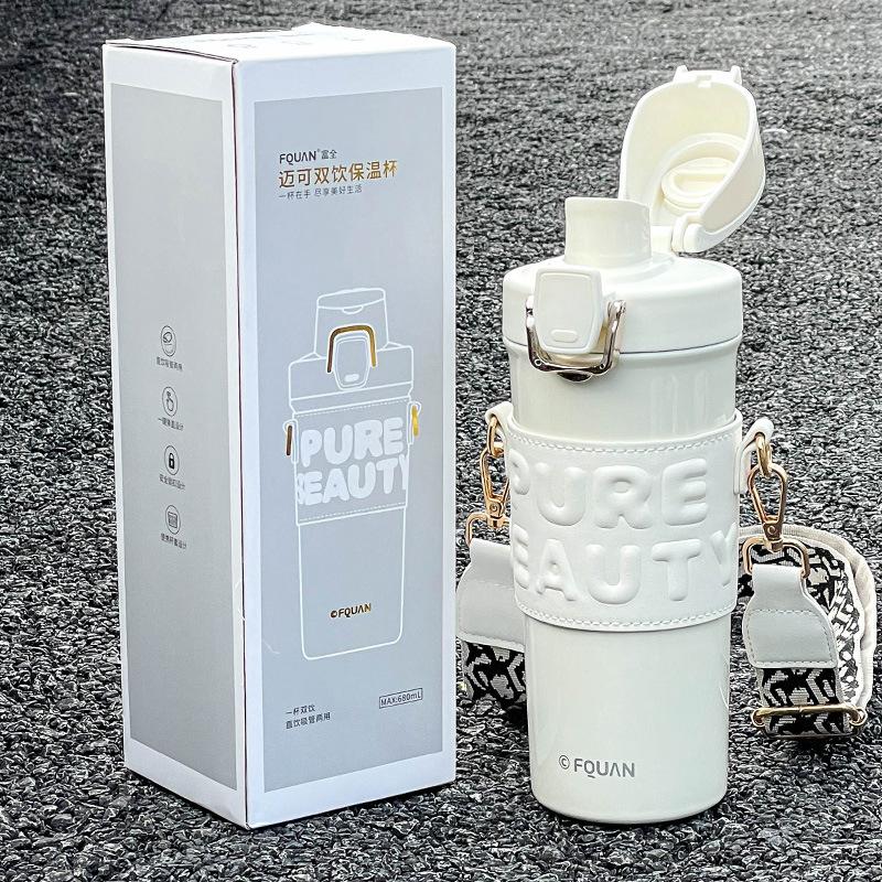 Straw Thermos Drinking Cup Big Cap Girls Stylish Water Cup Students Simple Handy Double Drink Cup Boys Durable Durable Useful