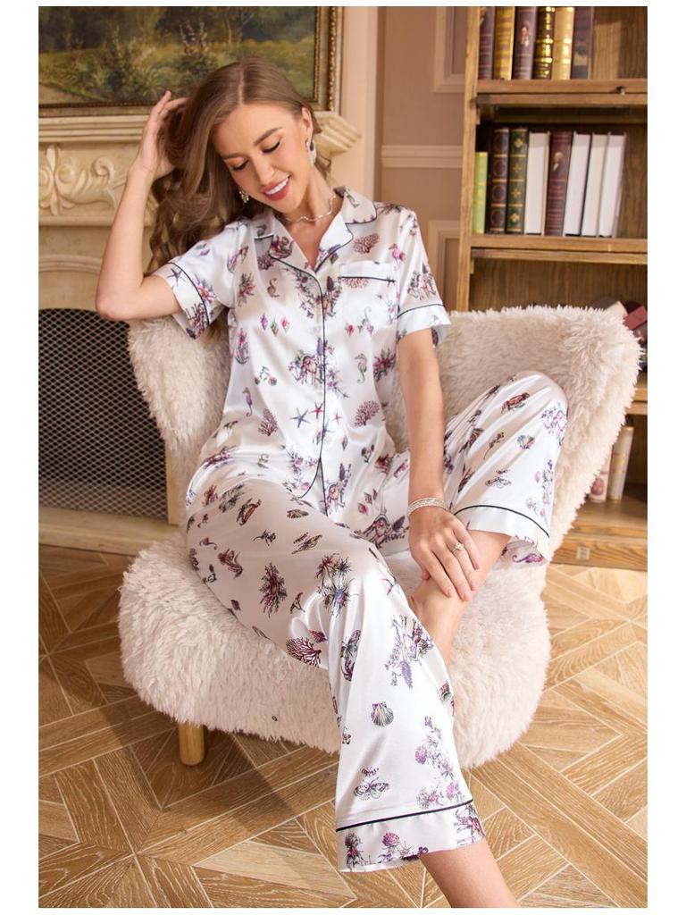 Yaoting Damen Sommer Pyjama Set - Kurzarm, Lange Hose, Modisches Revers, Druckdesign, Lässige Homewear TZ3431
