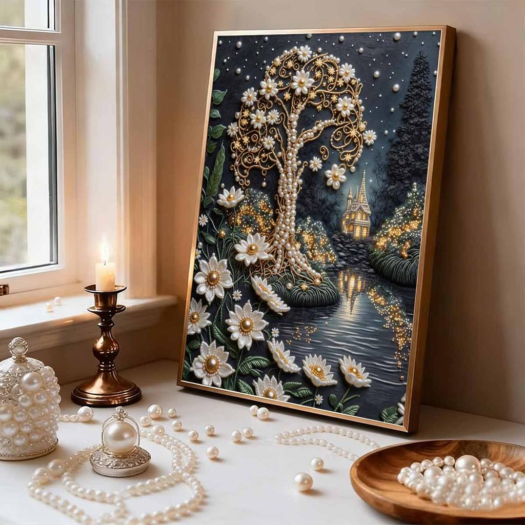 5D DIY Frameless Pearl Painting Trees and Flowers Pattern Painting Kit Suitable for Home Living Room Bedroom and Other Wall Decoration Art Paintings