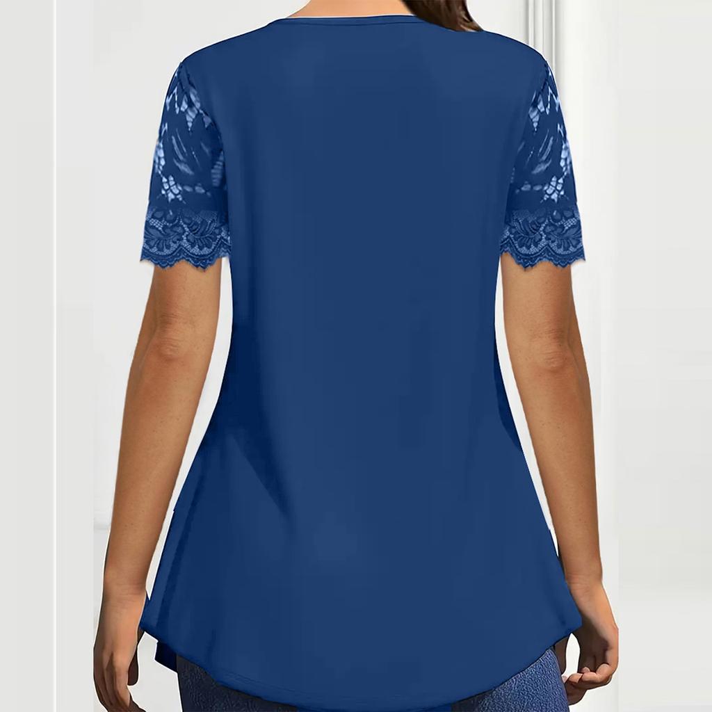 Women's Solid Color Lace V-neck Short Sleeved Casual Top