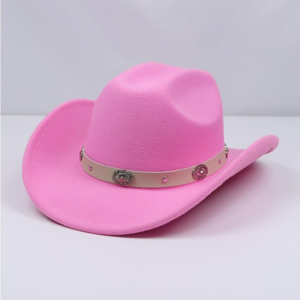 Men's and women's Panama-style soft felt cowboy hat with metal flower shape and white leather belt, suitable for parties