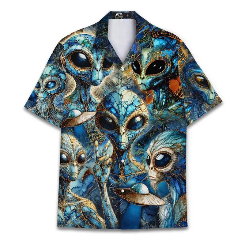 Men's Alien Bigfoot Shirt 3D Neon Print Short Sleeve Hawaiian Shirt Summer Oversized Hip Hop Tops