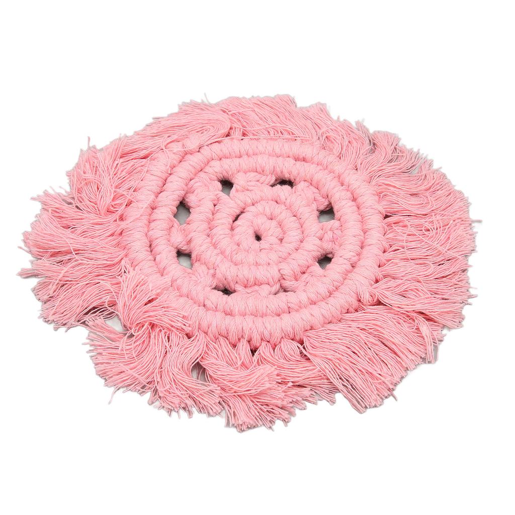 4pcs Cotton Thread Woven Drink Coasters with Tassel Round Pure Color Elegant Lipstick Pot Pads Mats