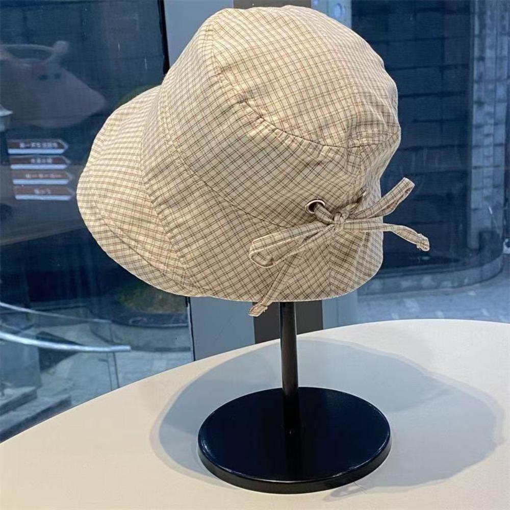 Korean Style Wide Brim Bucket Hats Summer Sunshade Basin Caps Plaid Bucket Hats  Sun Protection