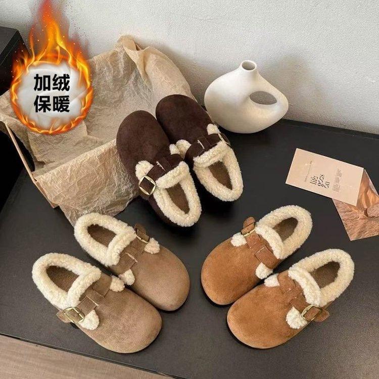 Vintage Birkenair velvet cotton shoes warm in autumn and winter fluffy shoes matte belt buckle flats comfortable snow shoes