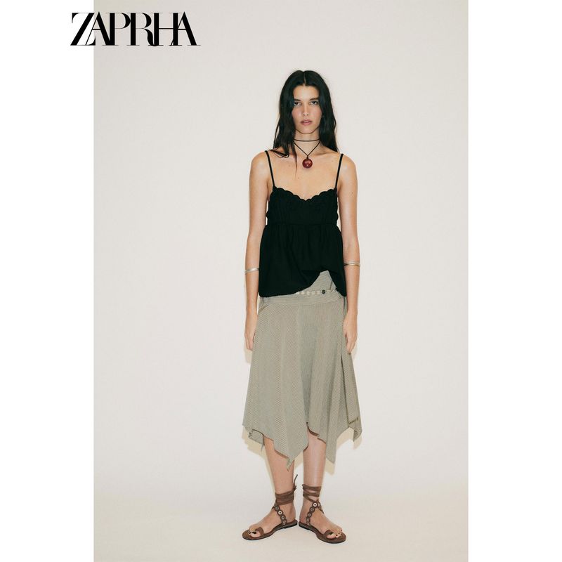 Zaprha 2025 Summer New Gyaru Style Black Flower Heart-Shaped Collar Embroidery Sling Top 0881008