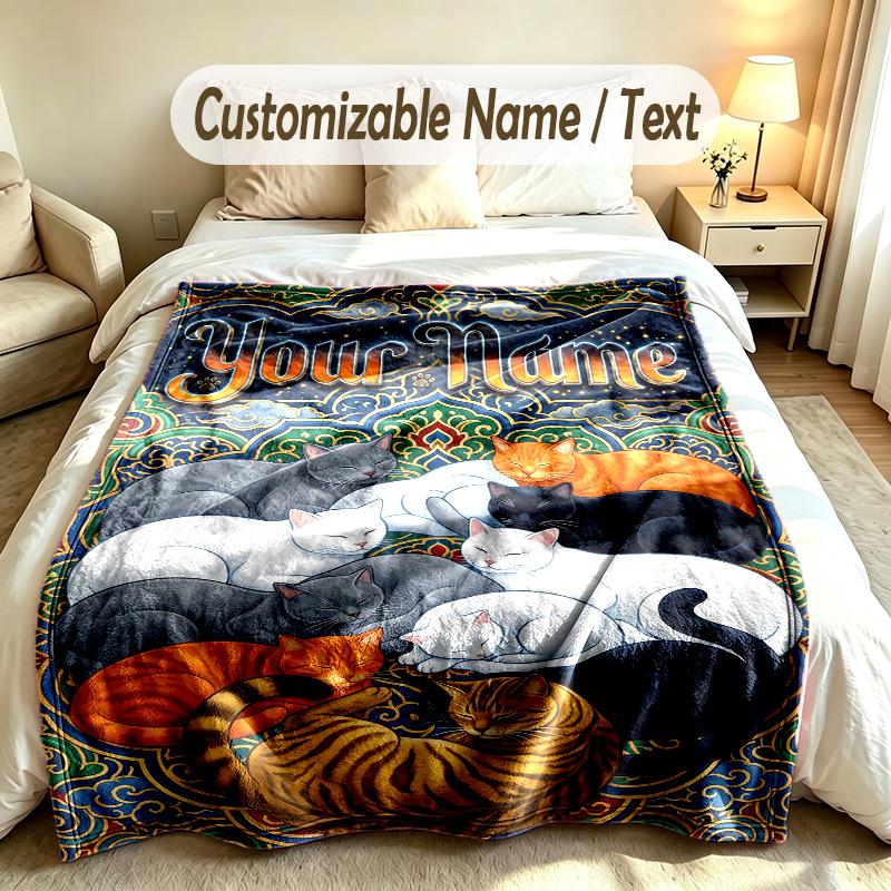 Cat Theme Custom Blanket Personalized Name & Text Customized Soft Warm Throw Blanket Home Decor