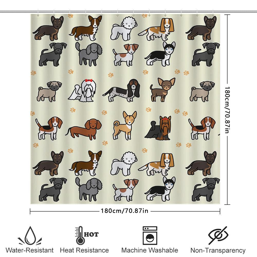 Pet Dog Cat Cartoon Print Shower Curtain Washable Fabric For Bathroom Decor Modern Design With Paw Prints White Background (180