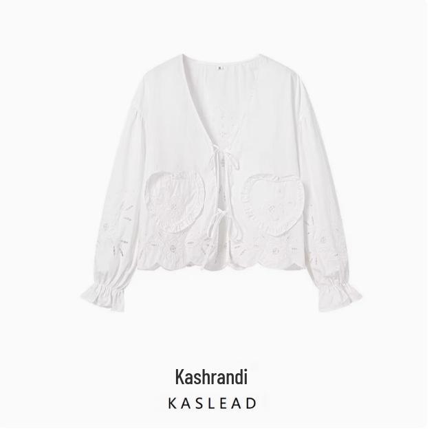 

2025 Spring Women s Fashion Hollow-Out Embroidered Lace-Up Shirt Top Small