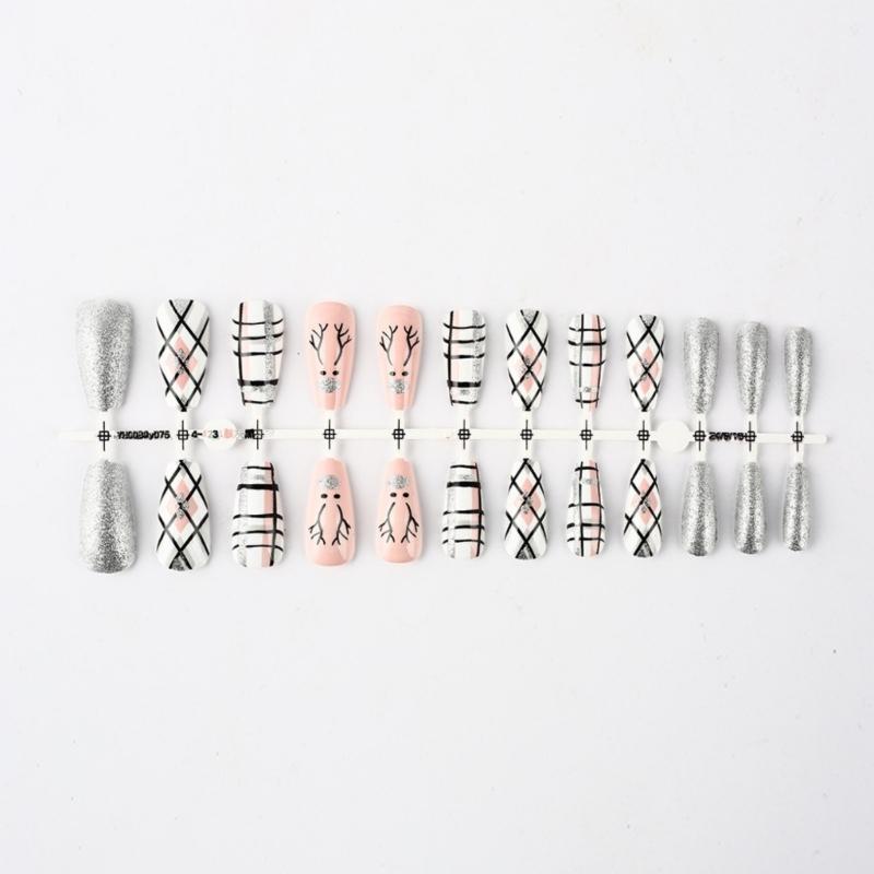 Glittering Christmas Elk Design Press On Nails Long Square Acrylic False Nails With Stripes Pattern 24Pcs Set Nail Art