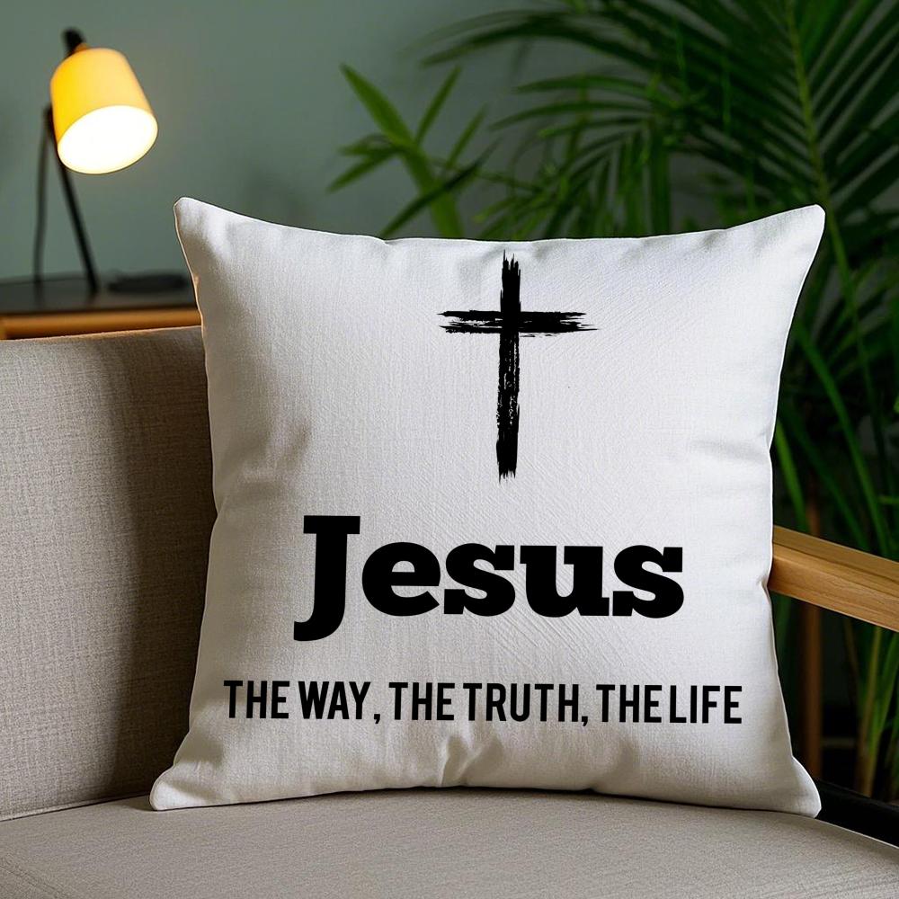 Christian Jesus The Way Truth Life Cushion Cover Plush Fabric Double-Sided Printed Invisible Zipper Sofa Pillow Case Home Decor