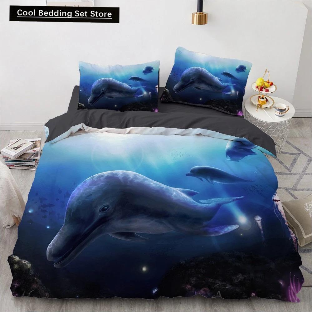 Dolphin Ocean King Queen Duvet Cover Cute 3D Sea Animal Bedding Set for Kids Teens Adults Shoal of Fish Blue 23pcs Quilt Cover
