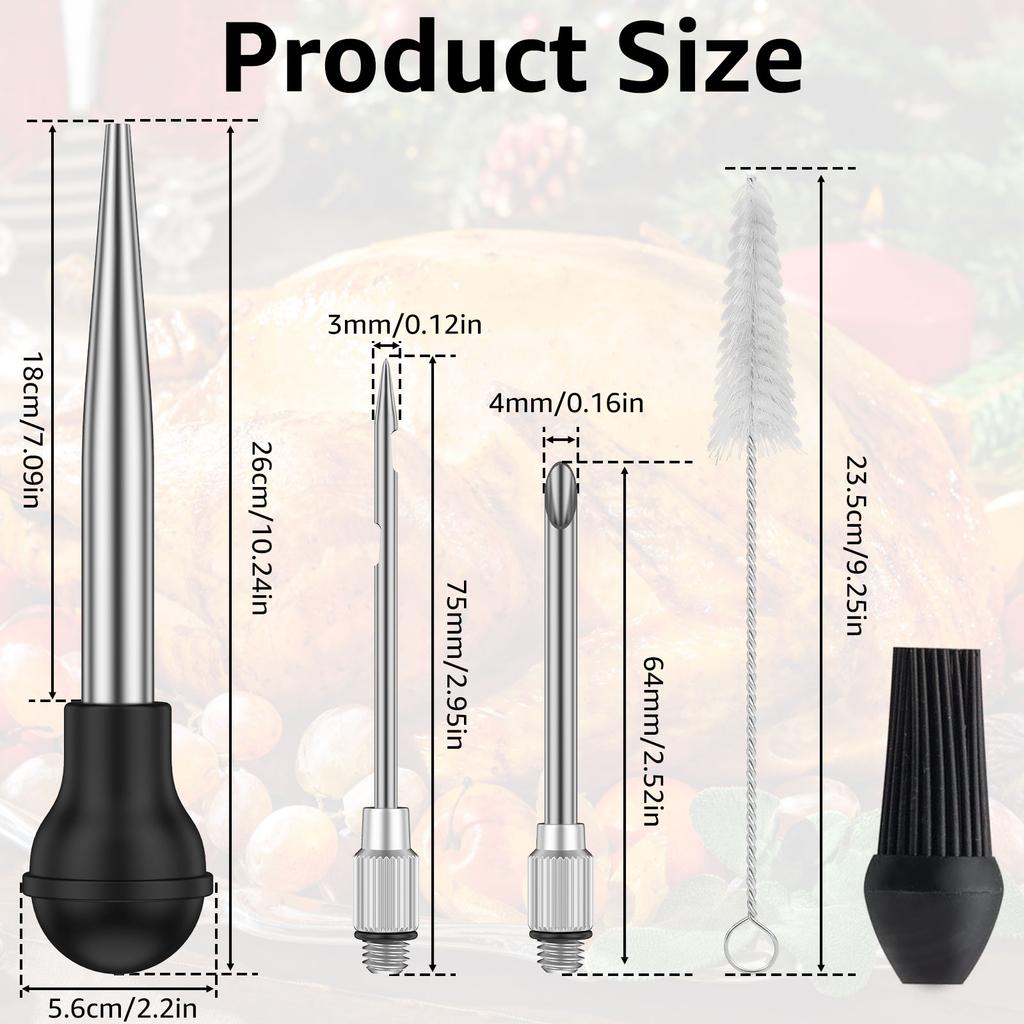 Turkey Baster Stainless Steel Turkey Baster Syringe with Cleaning Brush Meat Marinade Injector with 2 Needles and Detachable