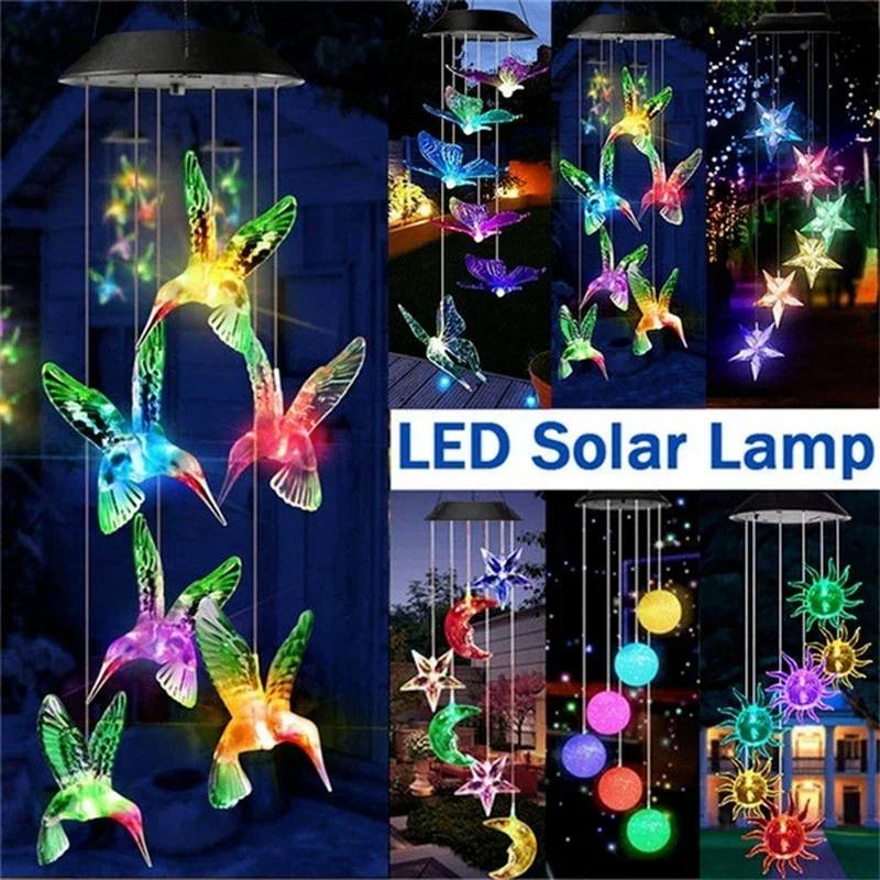 New LED Solar Wind Chime Crystal Ball Hummingbird Wind Chime Light Color Changing Waterproof Hanging Solar Light For Home Garden