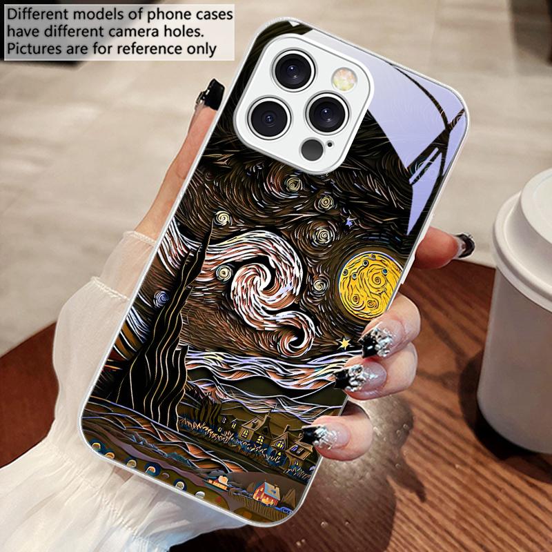 Oil Painting Starry Sky For iPhone 16 E 15 14 13 Plus 12 Mini 11 Pro Max XR Xs Max X 7 8 6 6S 2022 Tempered Glass Phone Case