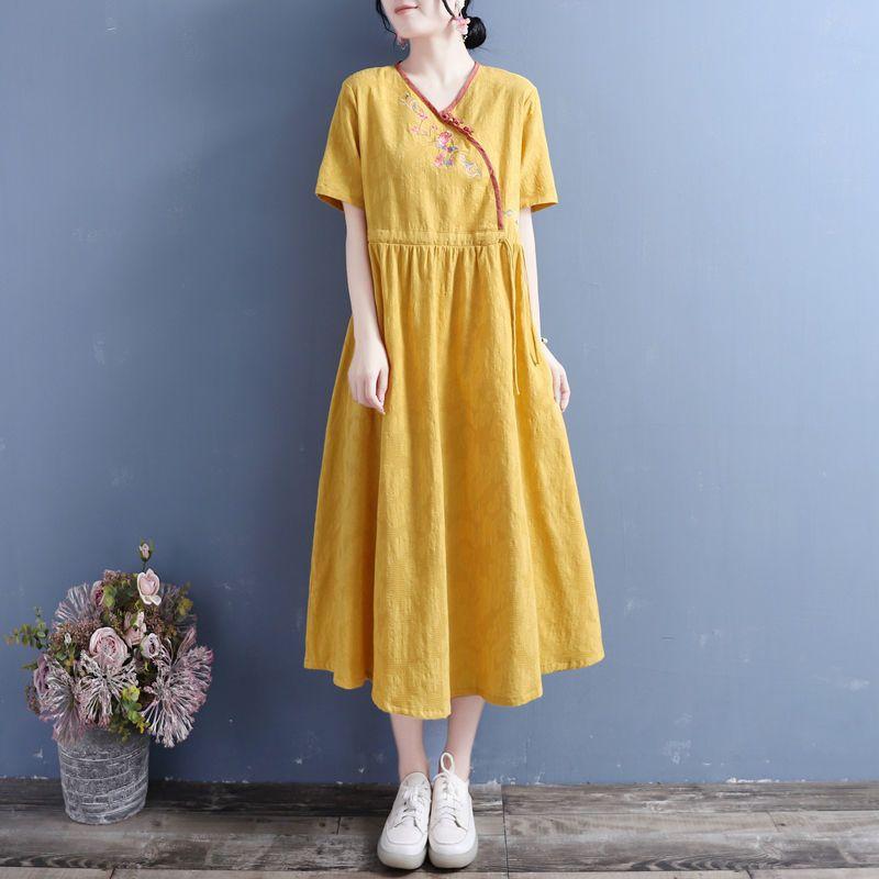 2025 New Summer Cotton and Linen Diagonal Placket Buckle Embroidered Short-sleeved Dress for Women, Retro Hanfu for Women
