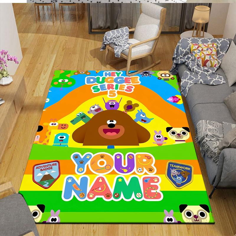 Custom Name,Duggee Home Sofa Decoration for Living Room & Bedroom, Non‑Slip Play Flannel Floor Mat for Game Room