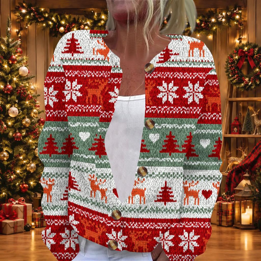 Women's Christmas Print Knit Cardigan Button Front Long Sleeve Sweater Coat for Holiday