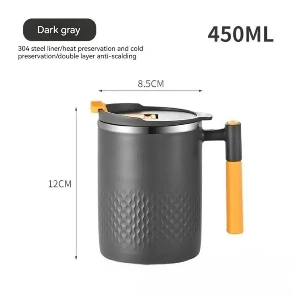 1ks hrnek z nerezové oceli 304 s rukojetí a krytem, ​​nepropustný termohrnek, přenosný dvouvrstvý hrnek na kávu a čaj, odolný proti opaření