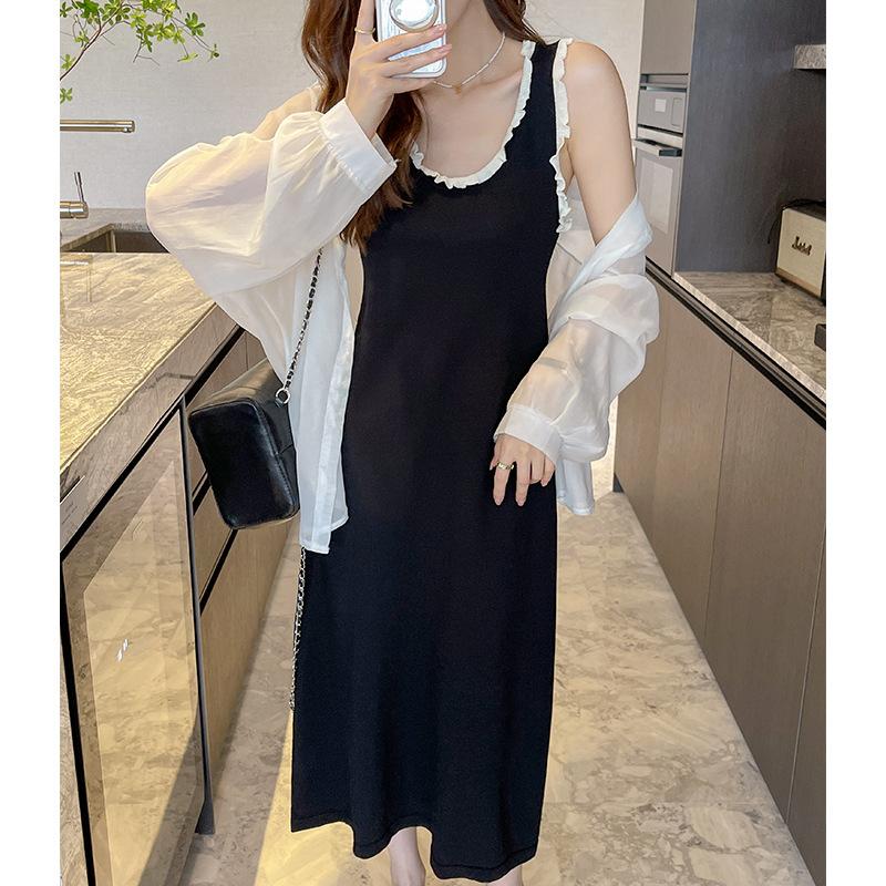 

Женский трикотажный кружевной жилет с халтер-юбкой, летнее платье Haute Sense, новый стиль, длинная юбка с сумкой на бедрах One size