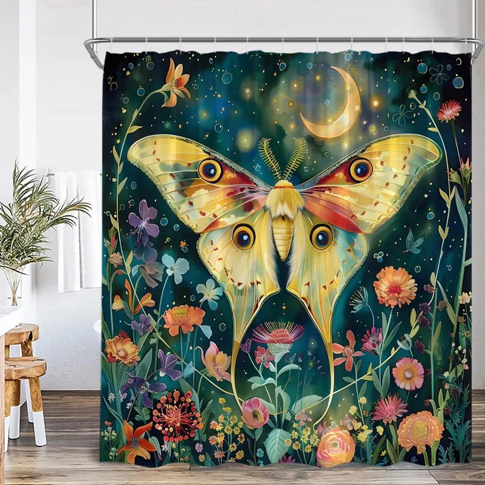 Vintage Butterfly Floral Shower Curtain Dragonfly Flower Moon Plant Skull Witch Magic Shower Curtain Bathtub Decoration