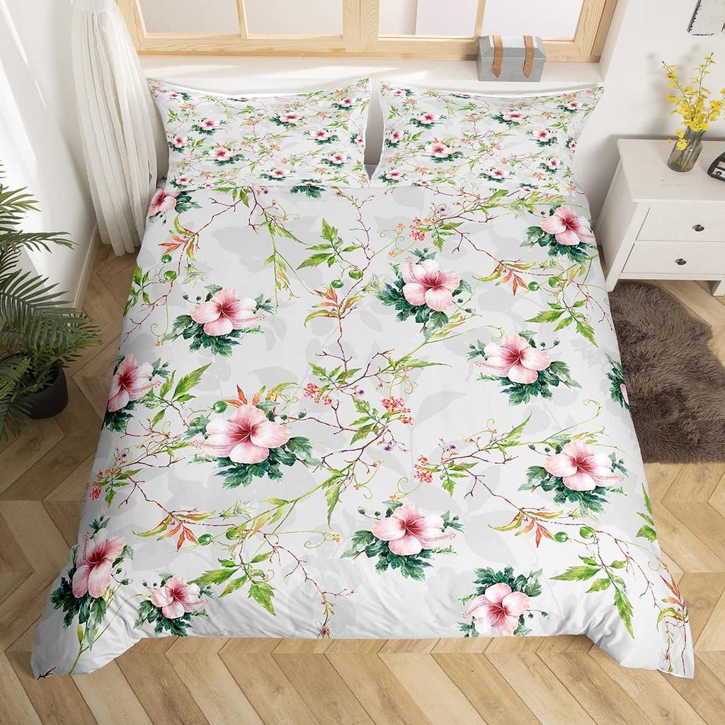 Pastellrosa Hibiskusblüten Bettwäscheset Romantische Blüten Bettbezug Althea Floral Steppdeckenbezug Blau Polyester Steppdeckenbezug