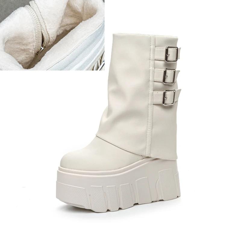 Kalhotové kozačky Dámské Podzim Zima Tenký Fleece Dámské Kotníkové Boty Vysoký Podpatek Platforma Přezka s Páskem Trend Dámské Kozačky