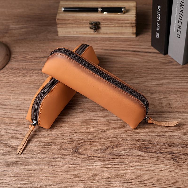 Genuine Leather Multifunctional Pencil Case Stationery Box with Zipper—Portable for Students, Holds 2B Pencils & Glasses