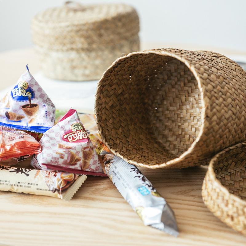 Weaving Snack Storage Box Jute Sundries Storage Baskets With Lids Wardrobe Table Round Gift Box Wicker Organizer Case