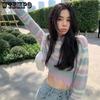 WTEMPO Korean Loose Thin Knitted Pullovers Women Rainbow Striped Cropped Sweaters Ripped Y2K Harajuku Knitwear