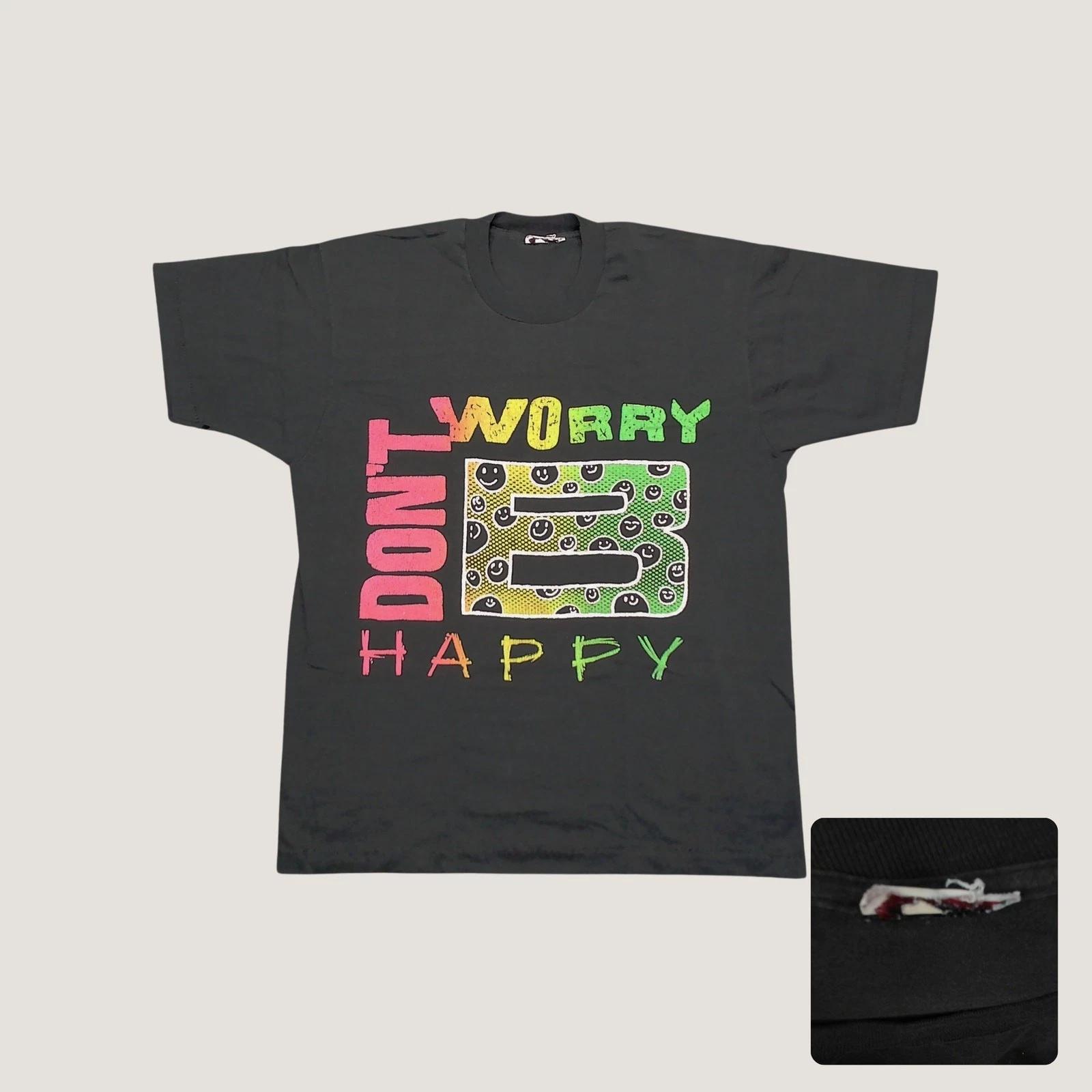 

Vintage 90s Dont Worry B Happy T Shirt Smiley Face Neon Graphic Single Stitch XL S