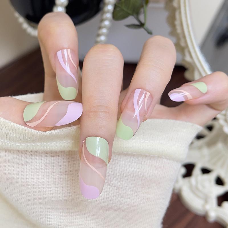 

Almond-Shaped Color Block Striped False Nail Patches, Removable and Finished Glue Type