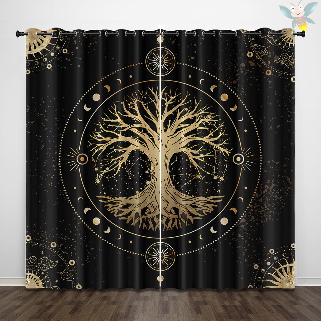 2 Pieces of Tree of Life Pattern Printed Curtains, Decorated In Black Gothic Style for Bedroom and Living Room