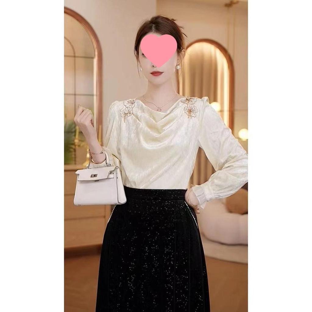 Chic French Velvet Pleated Long-Sleeve Top: Autumn 2025 Women's Elegant Base Layer