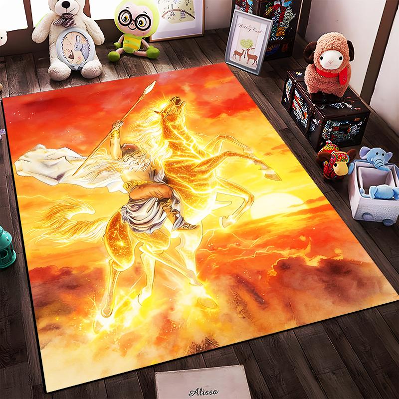 Feuriger Krieger auf leuchtendem Pferd Teppich, Mythische Kunst Heimdekoration Geeignet als rutschfester für Wohnzimmer Schlafzimmer Sofas