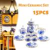 15pcs Mini Teapot Set, 1:12 Scale Miniature Dollhouse Porcelain Teacup Set, Blue and White, Red Rose