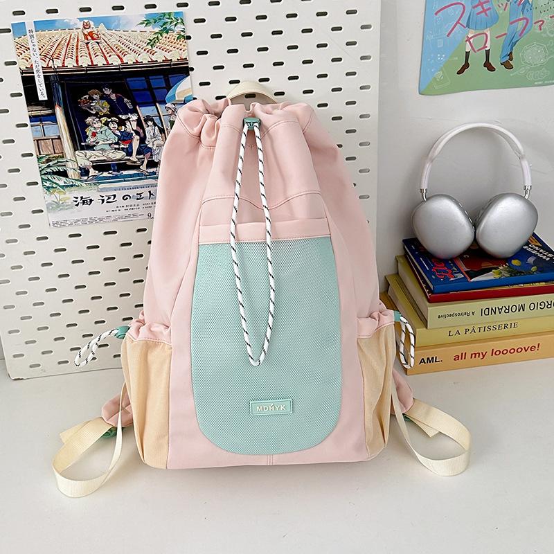 Korean Version Contrast Color Drawstring Canvas Tie Pocket Travel Bag Outdoor Cycling Backpack Female Schoolbag Backpack
